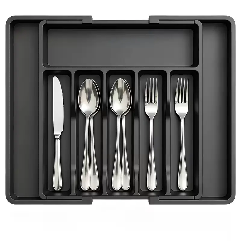 Black ABS Adjustable Splicable Cutlery Drawer Organiser, Divided Cutlery Sorters for Kitchen Knife, Spoon, Fork Storage, Box