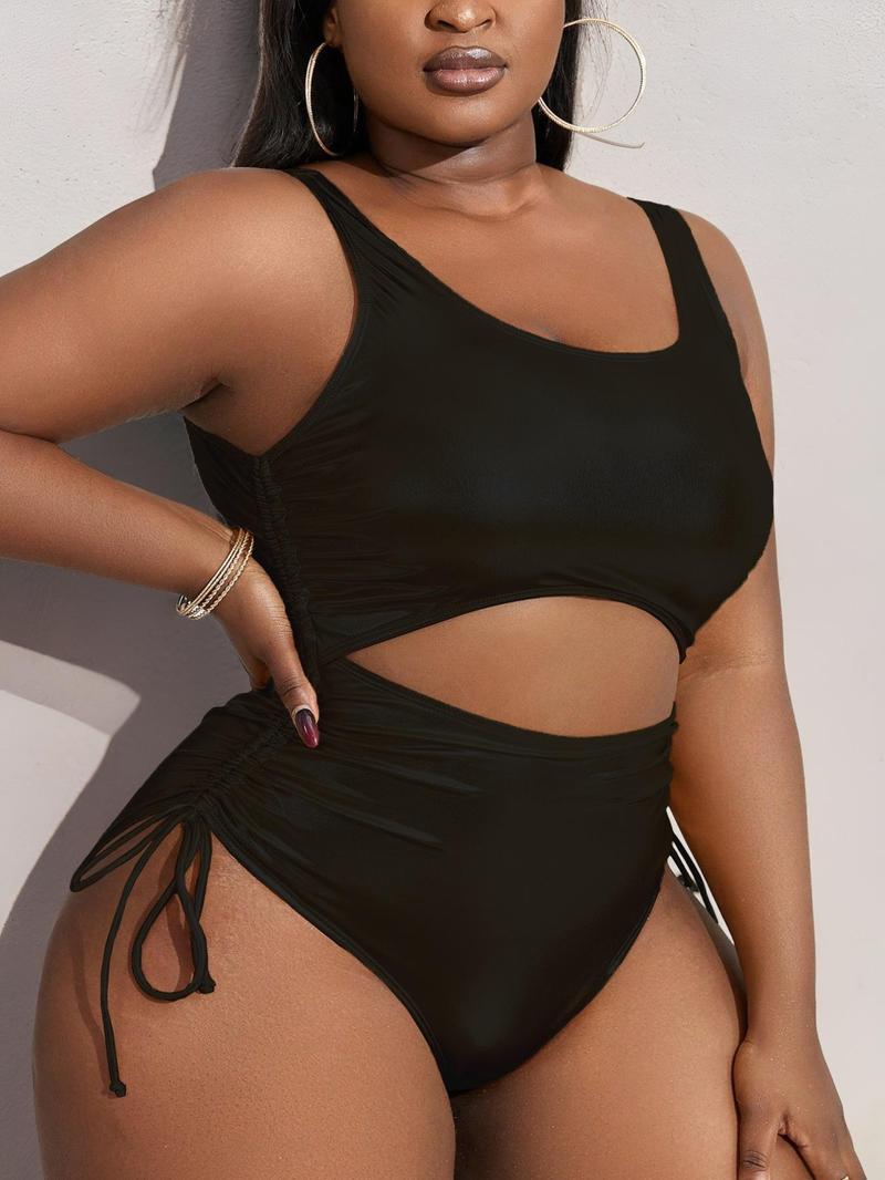 Plus Size Solid Cut Out One-pieces, Casual Sleeveless Backless Swim One-pieces for Beach Holiday Vacation, Women's Swimwear, Cutout Swim Suit, Swimsuit for Beach, Swimsuit Bodysuit