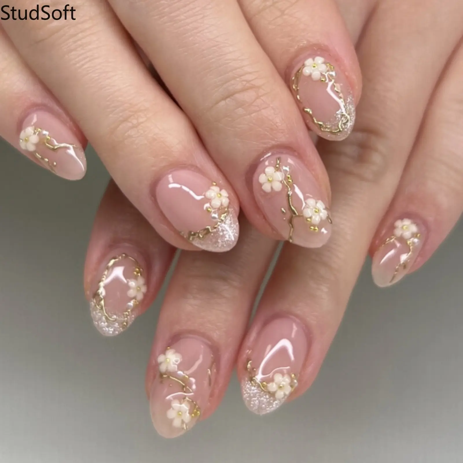 24PCS Multi-Pack Floral Press on Nails, Jelly Nude Medium Oval Full Cover, Shimmery Glitter French Tip with Gold Vines Artificial Fingernails for Fairy Wear (Sports & Outdoor Rainwear Accessory)