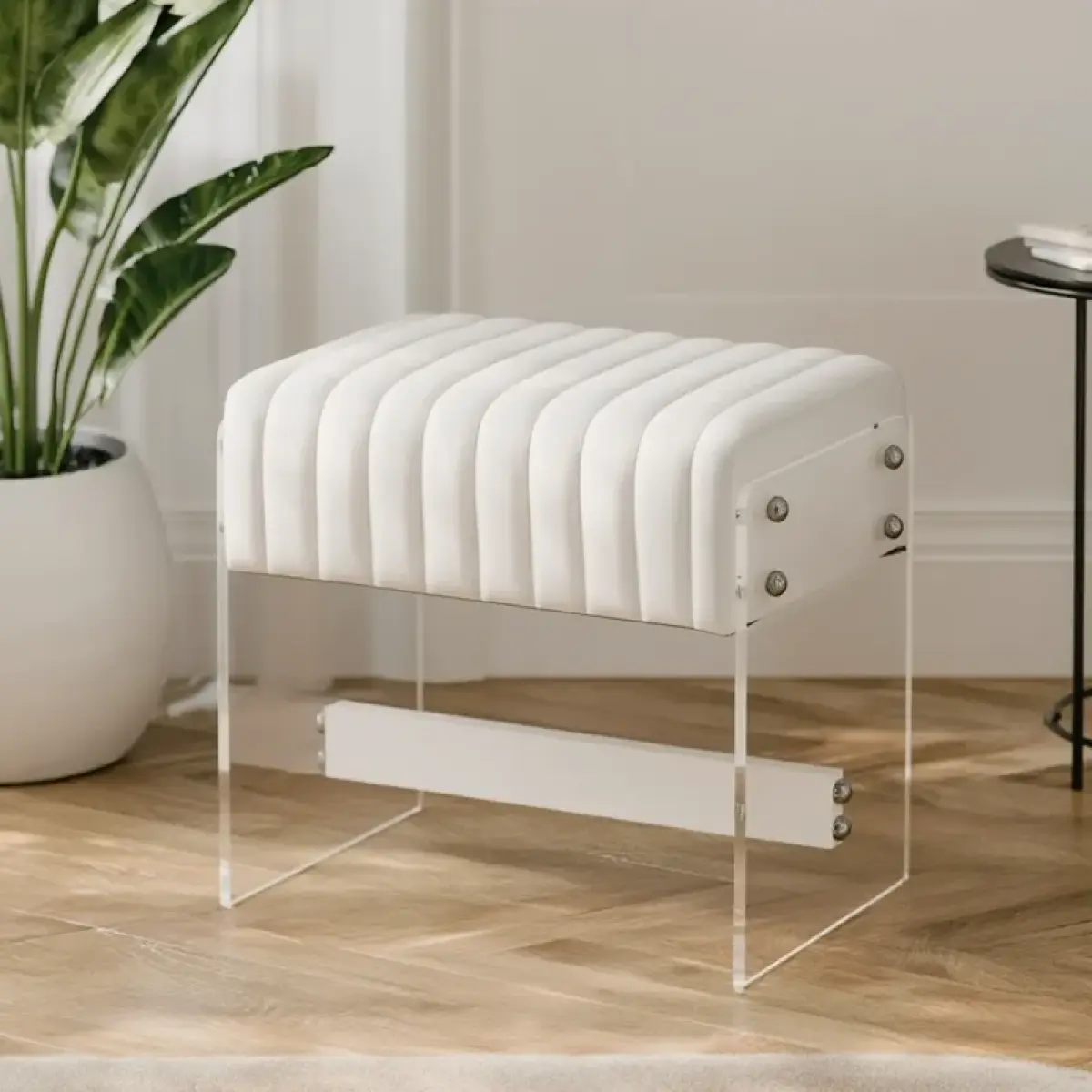 [Fahuac] U-Shape Vanity Stool with Acrylic Frame, Contemporary Look, White PU Upholstery, High-Resiliency Sponge, Channel Tufted Floating Design, Bedroom Entryway Dressing Bench (Requires Assembly)