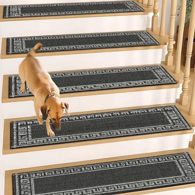 6/8/15pcs Vintage Dark Grey Greek Key Geometric Border Diatom Mud Stair Treads, Super Absorbent Non Slip Geometric Pattern Rug Carpet Mats for Wood Steps, Quick Drying Moisture Wicking Stair Runners, Anti Slip Washable Rugs for Dogs Kids Elderly