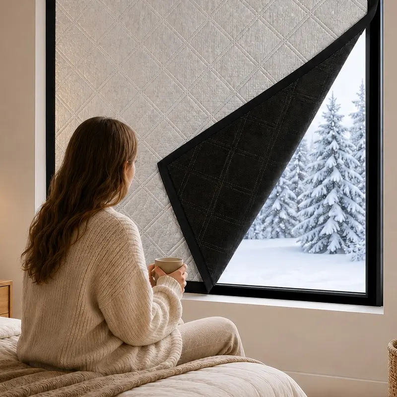 Quilted Winter Window Insulation Cover - Thermal Cold Blocker & Heat Retention, Black and Silver Reversible, Waterproof & Windproof, Self-Adhesive Peal & Stick Blackout Sheet for Home