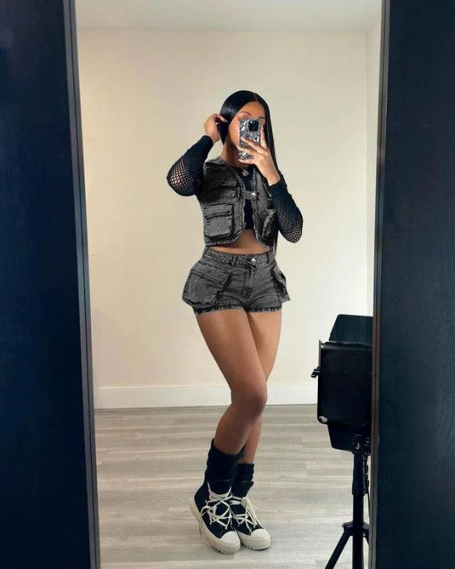 two-piece set woman Multi Pockets Denim Shorts Outfit Sexy Women Elegant Two Pieces Jeans Club Macthing Jacket+Shorts