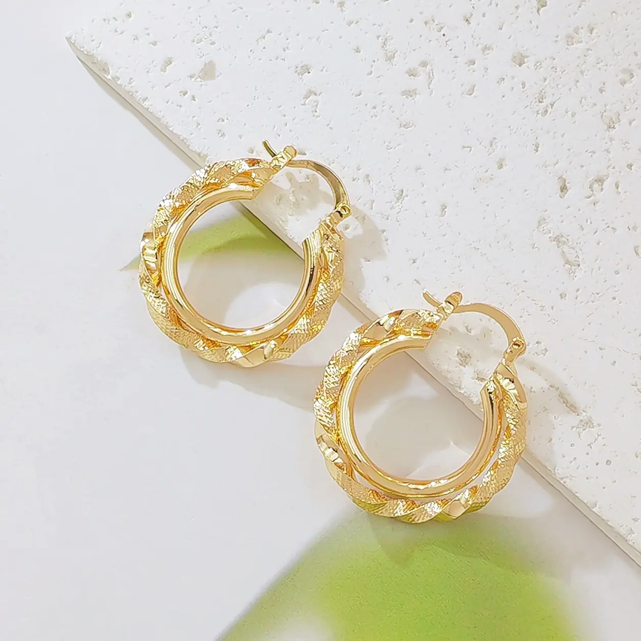 18K Gold Plated Double Layer Hoop Earrings Twisted Diamond Cut Chunky Huggie Braided Rope Statement Studs Birthday Jewelry Gift for Women Girls