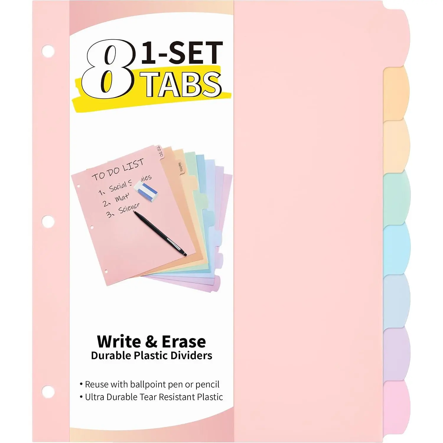 Plastic 8-Tab Binder Dividers for 3-Ring Binders, Write-Erase Surface, 1 Set for Organizing Files