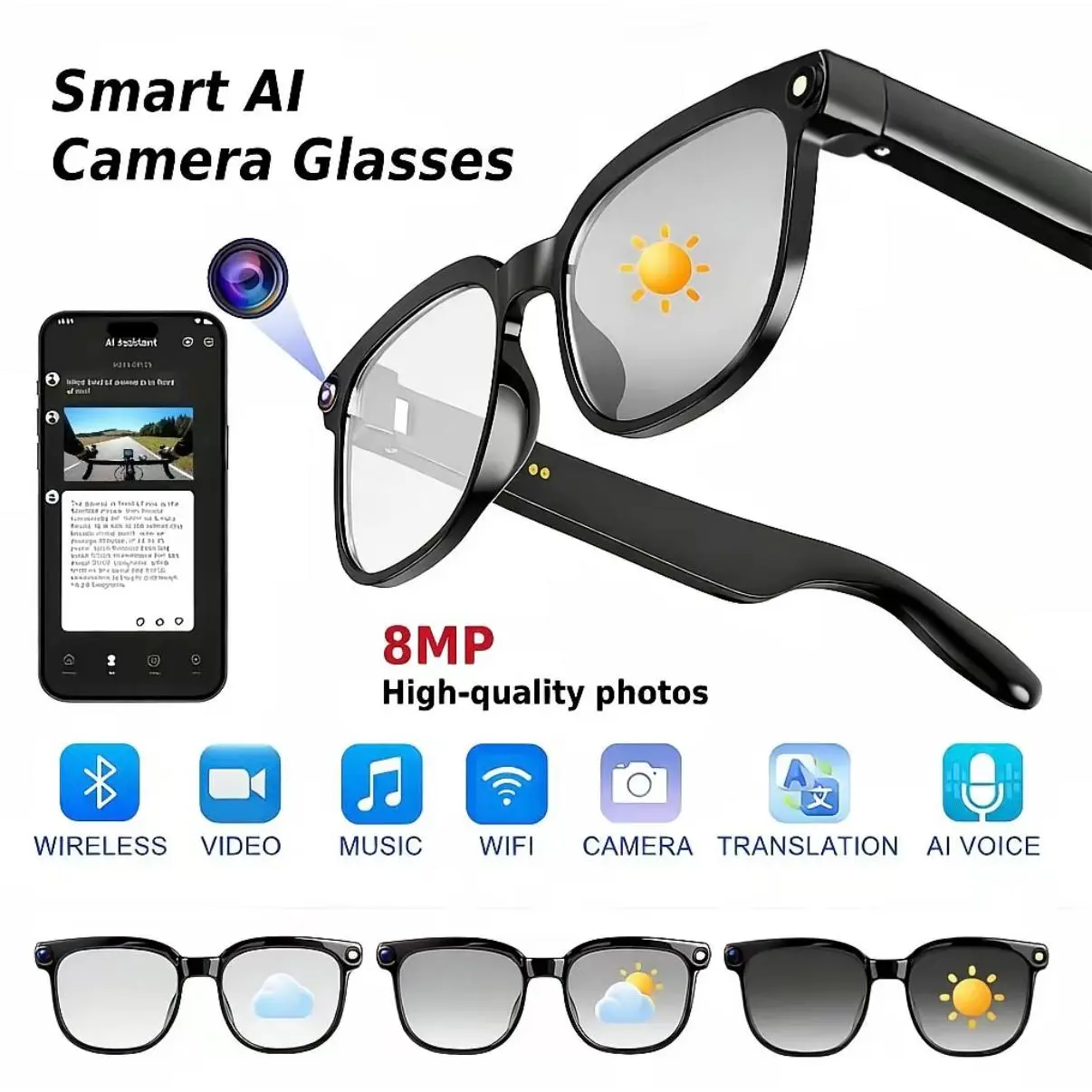 2026 AI Smart Photo Glasses with Bluetooth Calling AI Voice Assistant Photo and Video Features, and Blue Light Blocking Color-Changing Lenses Bluetooth Audio Sunglasses Outdoor Vlog Recording Glasses Long Battery Smart Glasses Lightweight Long Battery Out