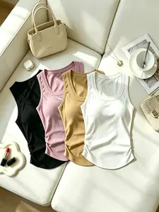 Y2K Four Color Ribbed U Neck Ruched Tank Tops Curved Hem Slim Fit Sleeveless Basic Camisole Retro Streetwear perfect for mall hangouts street photoshoots concert outings and trendy teen casual layered styling