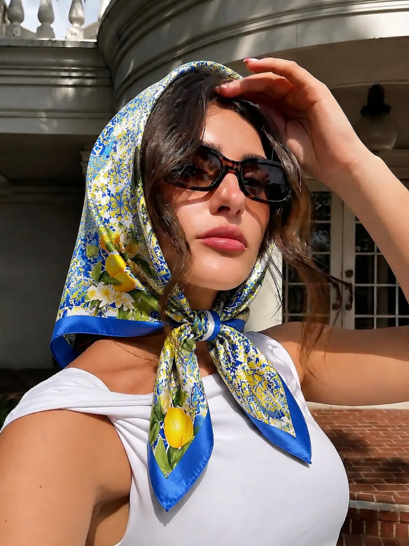 Vintage Lemon Print Patchwork Summer Scarf, Printed Polyester Scarf, Floral Headscarf, Silk-Like Material, Multi-Functional Shawl/cape/bandana, Ideal for Travel, Beach, Daily Commute