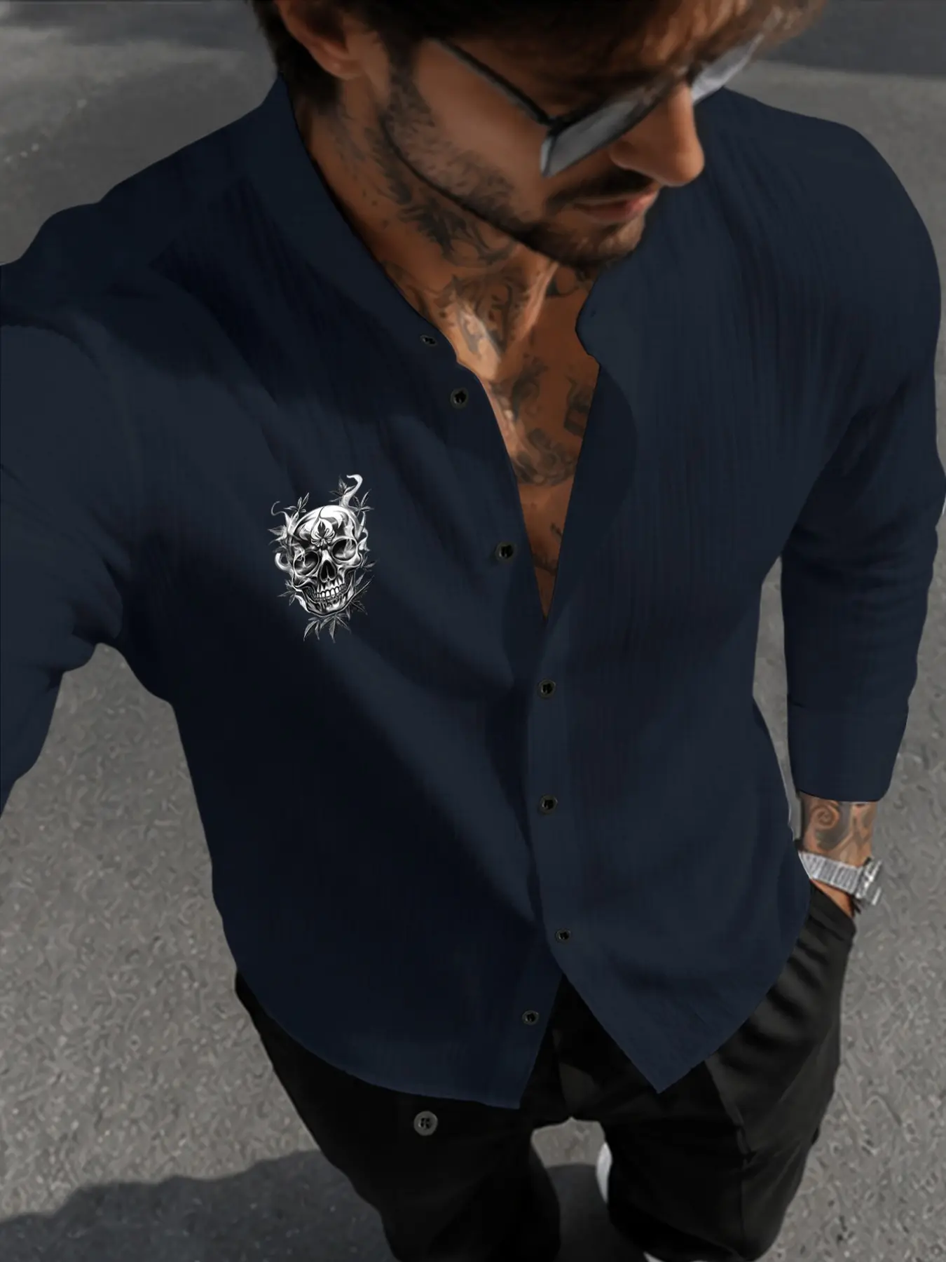 Men's Casual Long Sleeve Shirt, Gothic Skull Flame Style, Retro Cool Design, Dark Fashion for Daily Wear, Slim Fit, Plain Surface