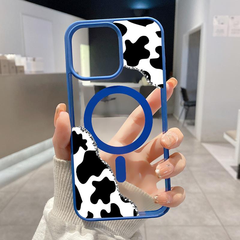 Cow Print Corner Pattern Magnetic Phone Case for IPhone 17 Pro Max 16 Plus 15 14 13 12 11 Air E Plus Non-Yellowing Clear Crystal Drop-proof Slim Silicone Shockproof Transparent Acrylic Cover Supports Wireless Charging