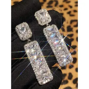 2026 Silver Tone Emerald Cut CZ Drop Earrings, Halo Set Baguette Crystal Linear Statement Dangles, Elegant Bling Party & Bridal Jewelry for Women, Ideal for Events & Gifting