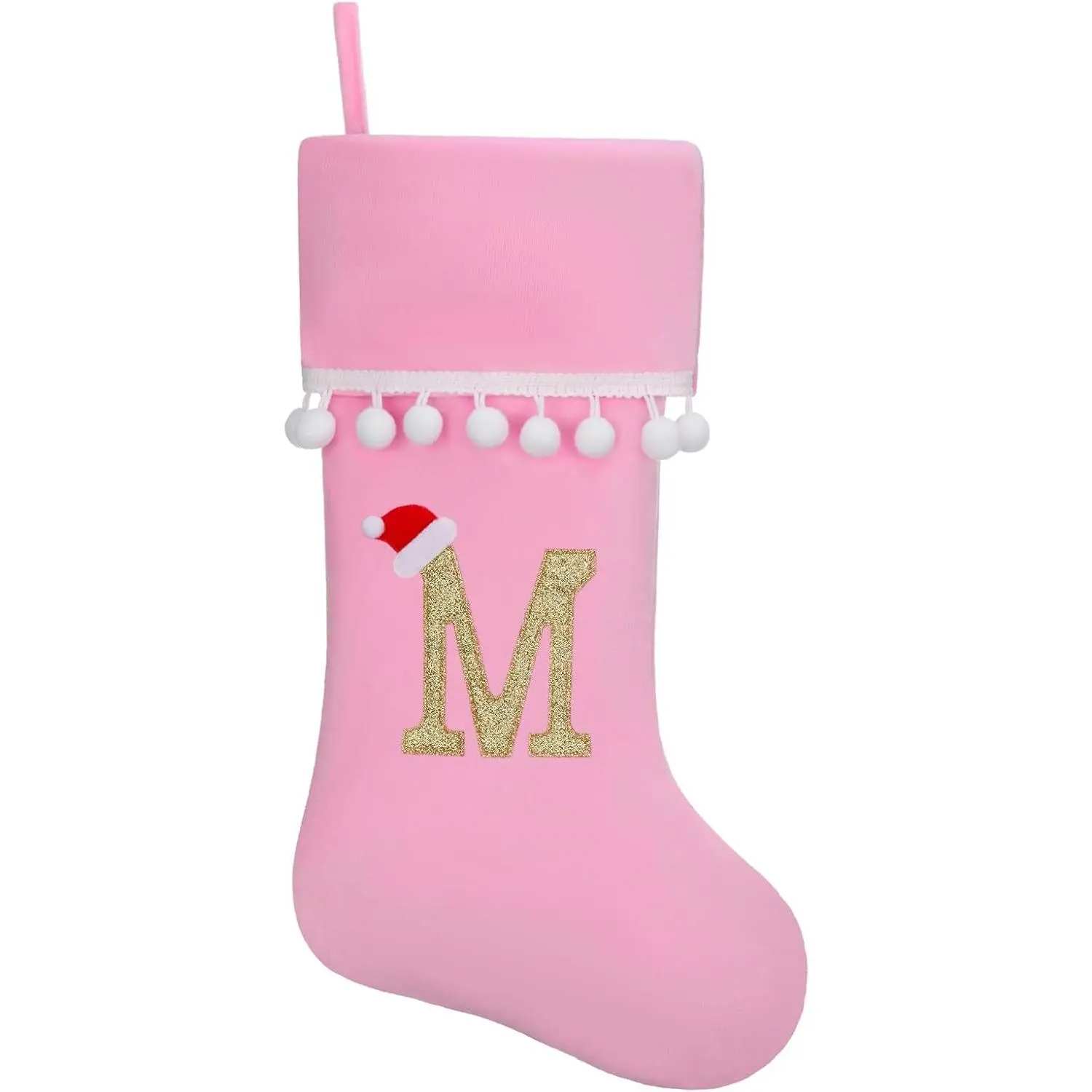 19 Inch Pink Velvet Stockings, Personalized Christmas Stocking, Embroidery Initial with White Pom Pom Trim, Holiday Fireplace Mantel & Xmas Party Decor, Letter M