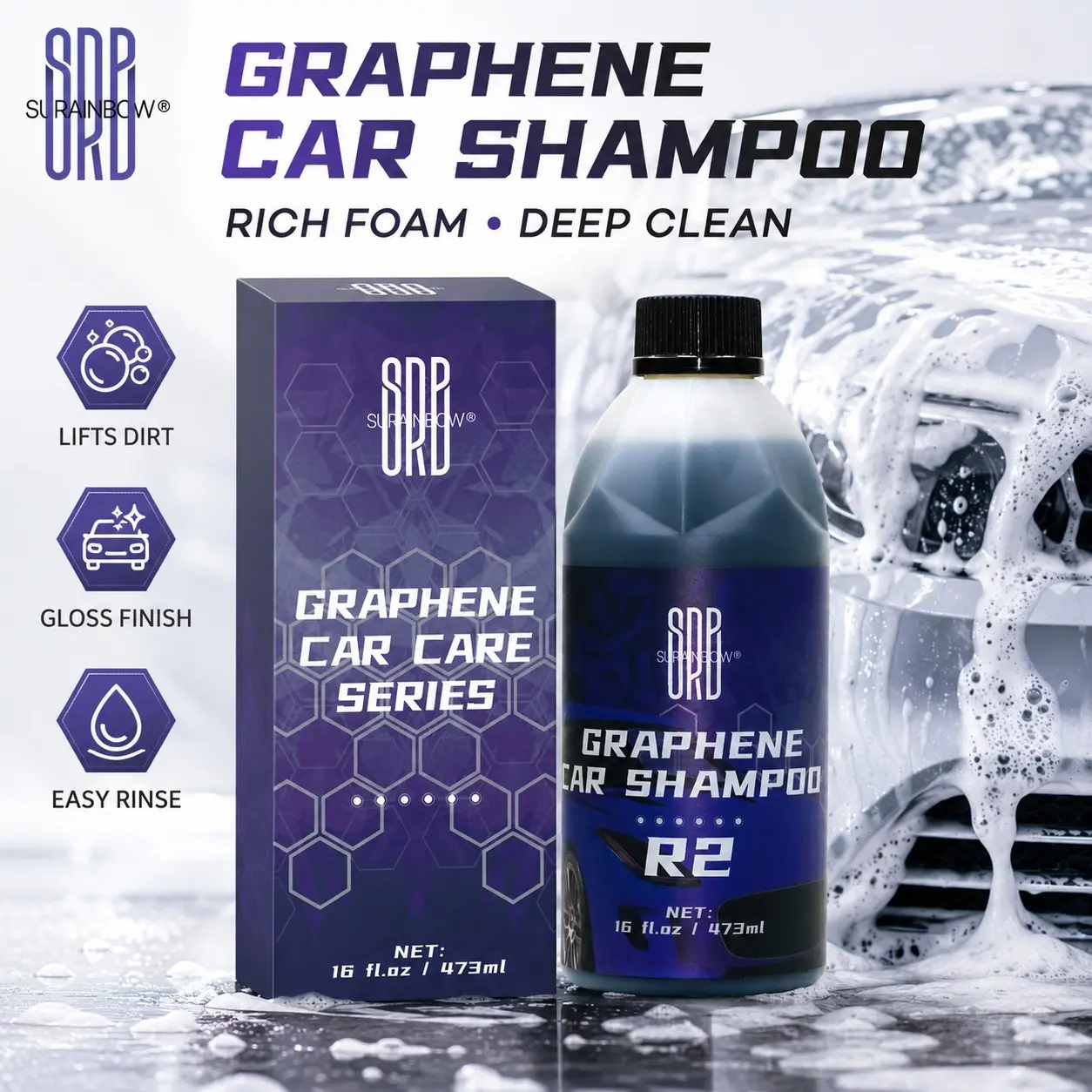 473ML Graphene Car Wash Liquid, Professional High Foam Detailing, Deep Cleaning, Easy Rinse, Brightens Paint, Suitable for Cars Suvs Trucks