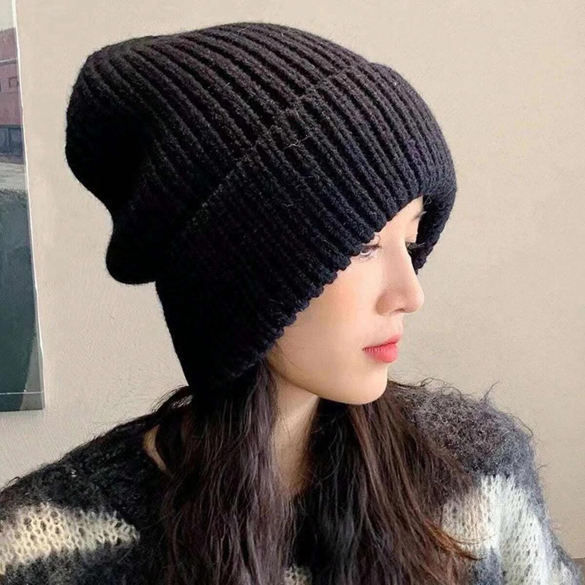 Women Style Solid Color Thick Knit Pile Hat, Knitted Hat for Fall and Winter, Warm and Ear Protection, Loose and Casual Cold Hat