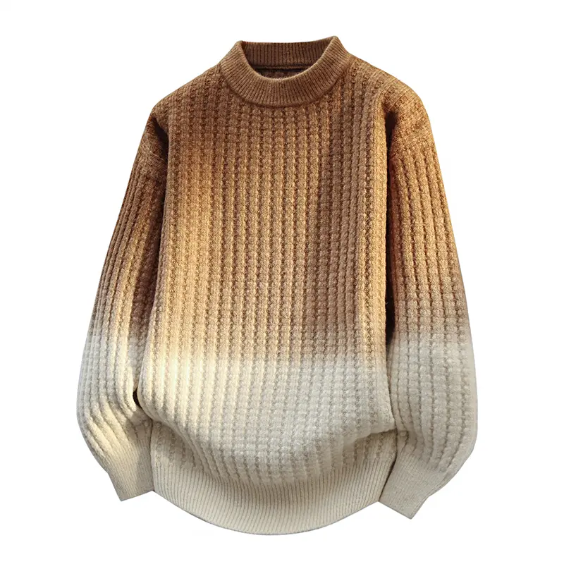 Men’s Fall Winter Retro Street Knit Pullover Sweater, Ombre Gradient Dyeing Design, Classic Crew Neck, Vertical Rib Textured Knit, Ribbed Neckline Cuffs And Hem Casual Knit Top # sohochic