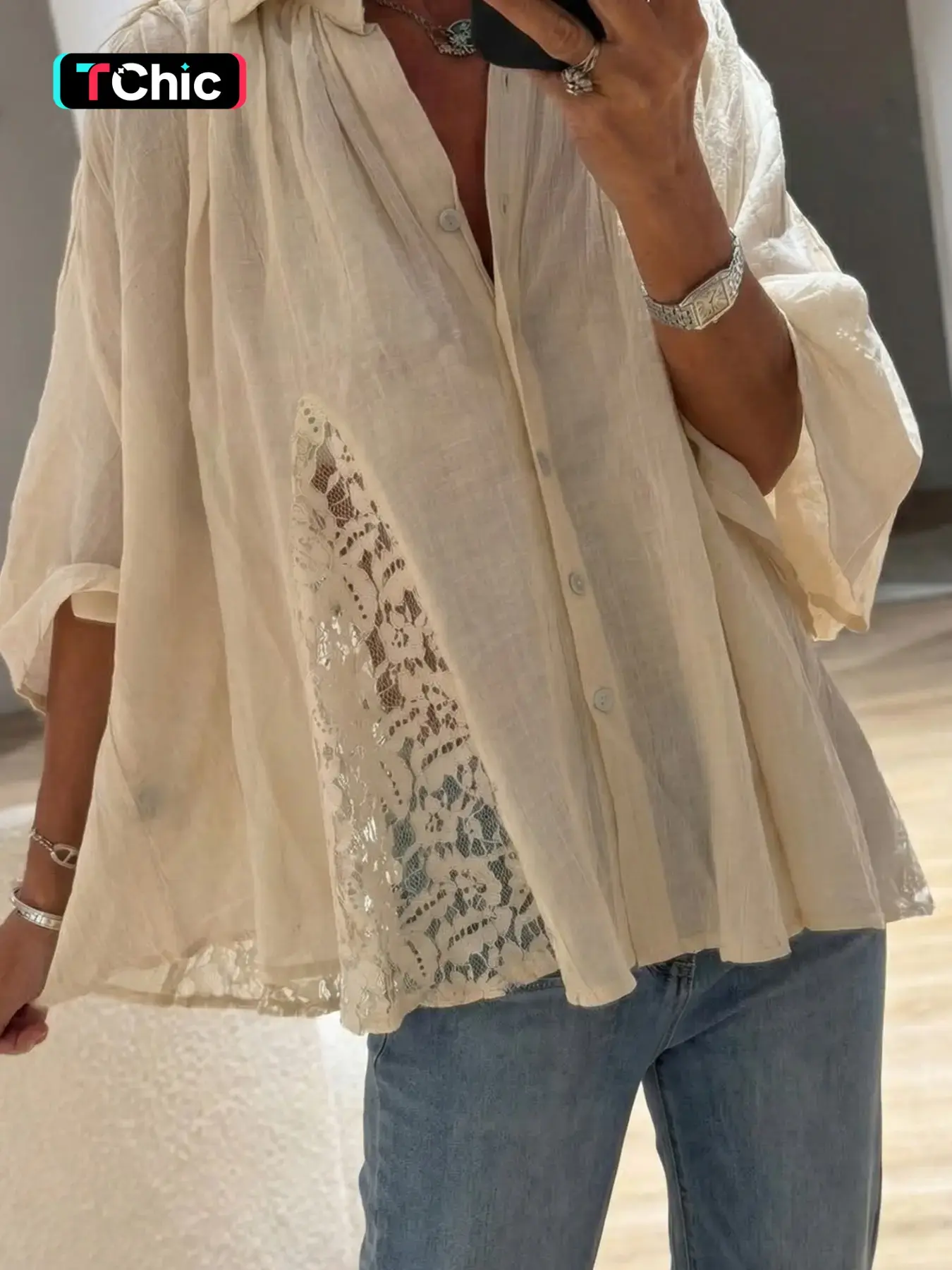 Spring Summer Casual Office Lace Patchwork Shirt Collar Loose Eight-Quarter Sleeve Shirt, Comfortable Daily Wear Top for Women