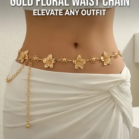 Vintage Metal Flower Waist Chain Belt, Bohemian Holiday-Style Belly Chain, Body Chain Accessory, Versatile Dress Chic Fashion Body Jewelry for Women, Body Chains