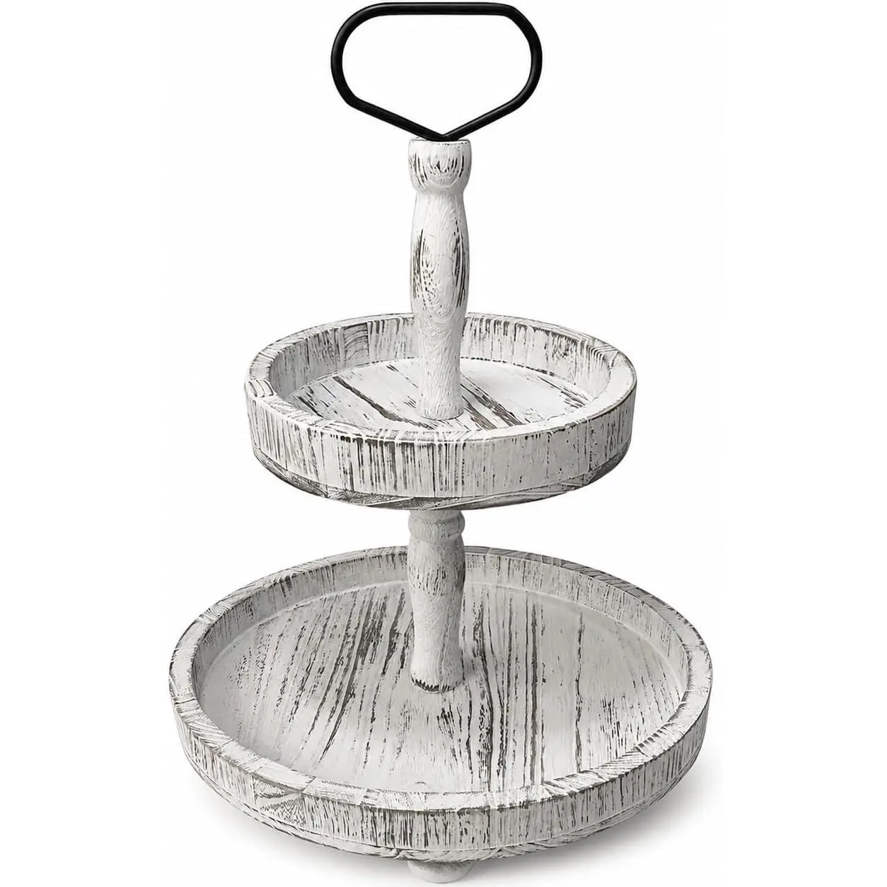 Rustic Farmhouse 2-Tier Tray Stand, Round White Wood Serving Display for Kitchen Counter & Coffee Bar Decor, Lightweight Dessert Centerpiece