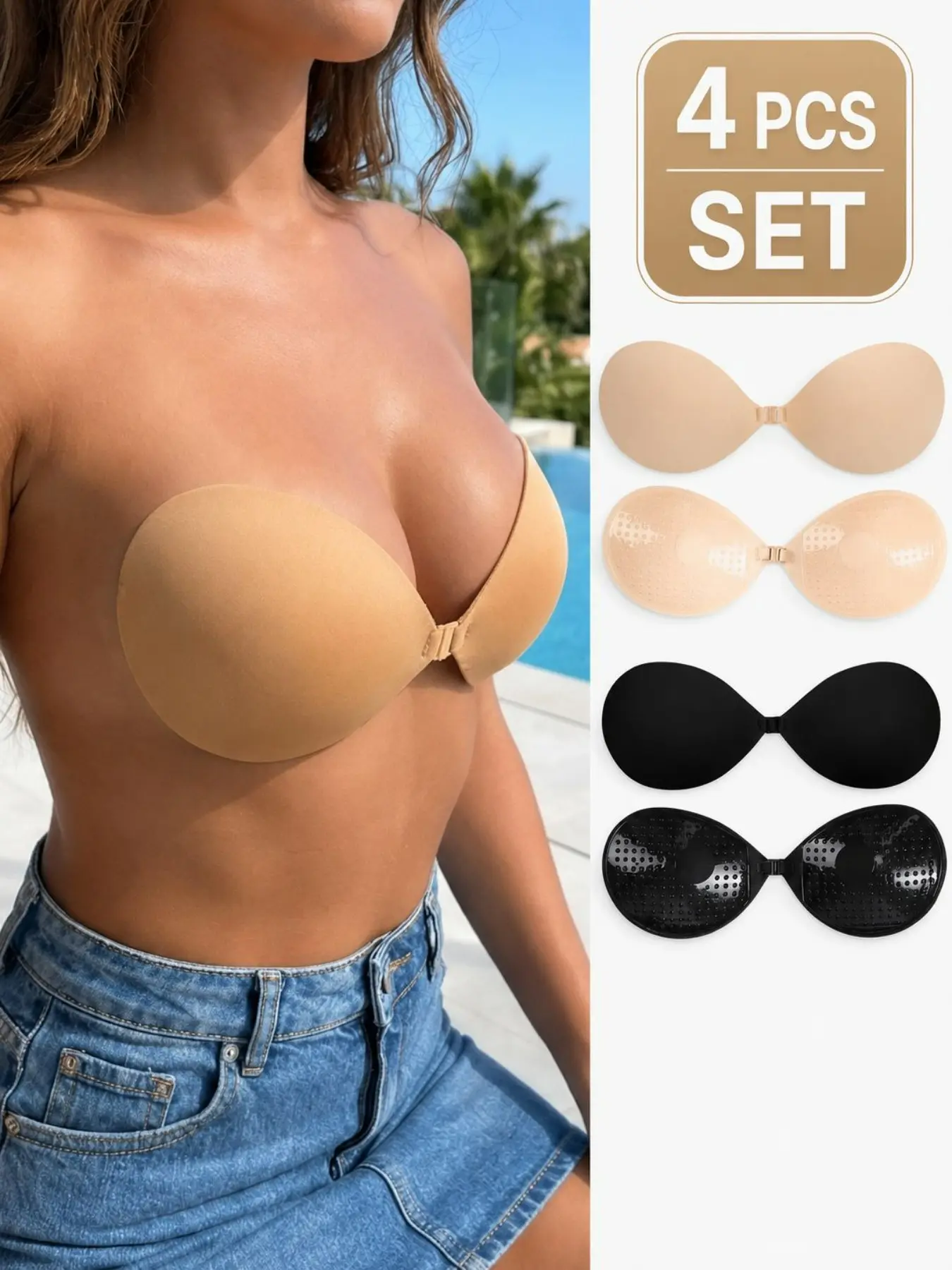 Women’s Multi Pack Strapless Adhesive Bra, Backless Self Stick Push Up Bra Set, Reusable Invisible Lift Cups with Front Clasp, Seamless Sticky Bra for Dresses, Tops and Party Outfits
