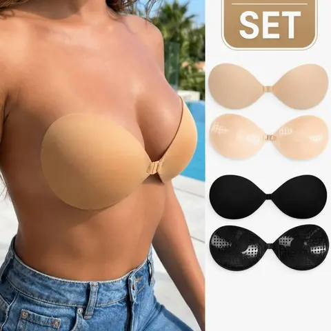 Women's Minimalist Strapless Adhesive Bra Set, Backless Push-Up Lift Cups with Front Clasps, Seamless Invisible Design for Dresses, Backless Tops, Weddings, and Party Outfits