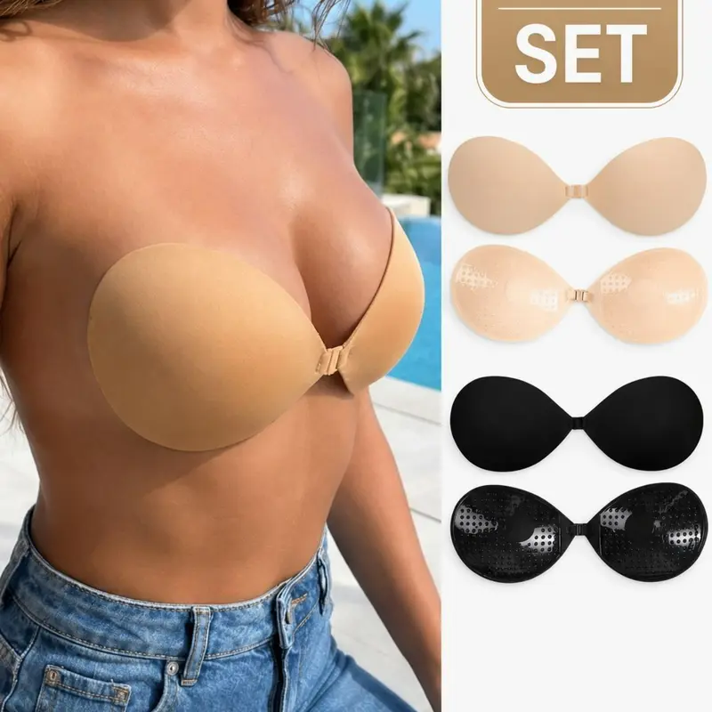 Women's Minimalist Strapless Adhesive Bra Set, Backless Push-Up Lift Cups with Front Clasps, Seamless Invisible Design for Dresses, Backless Tops, Weddings, and Party Outfits