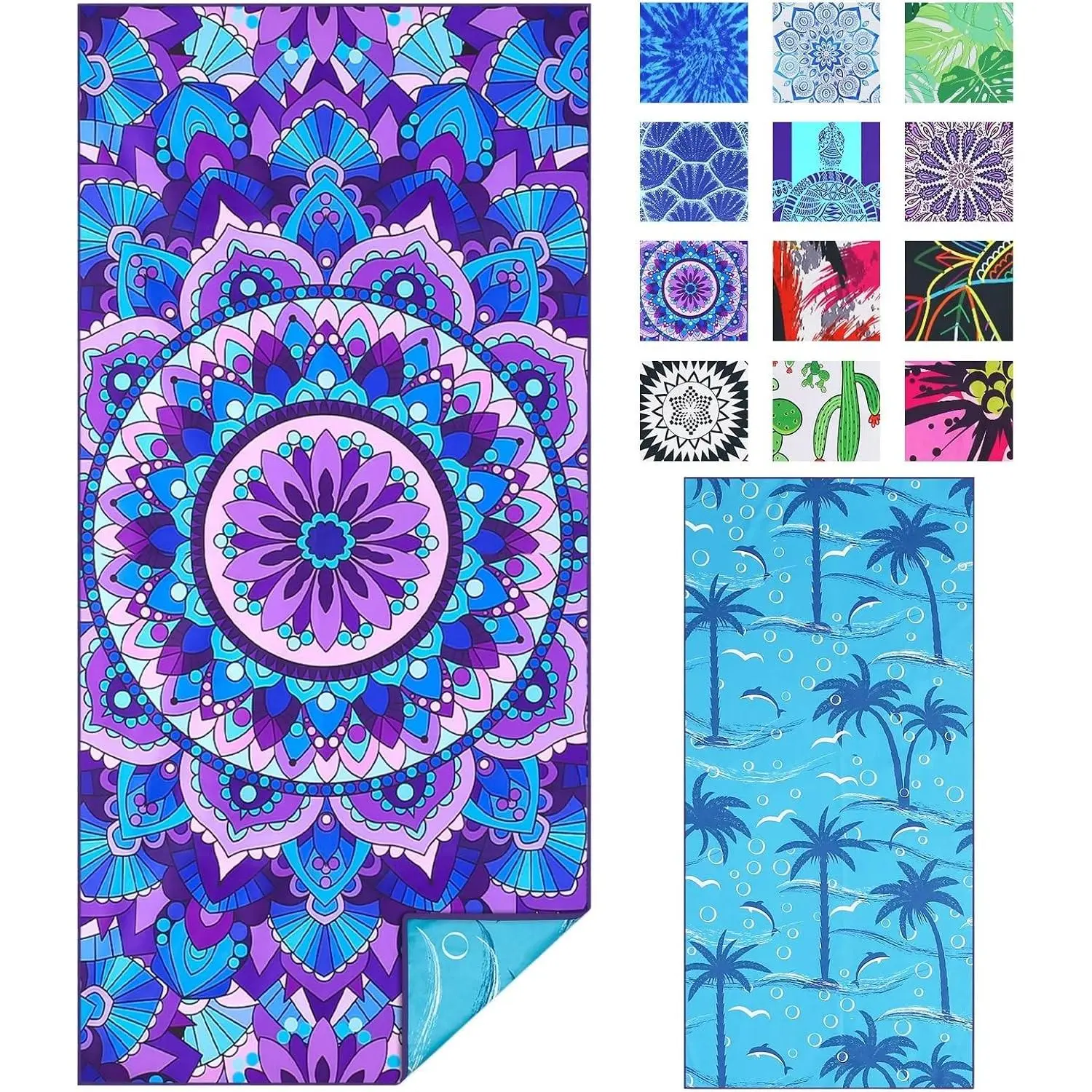 Microfiber Beach Towel Extra Large 71x32 Inches, Boho Mandala Print - Thin Lightweight, Sand Free, Super Absorbent Quick Dry, Oversized for Travel, Pool, Swim, Bath, Camping, Sports, Girls, Women, Adults