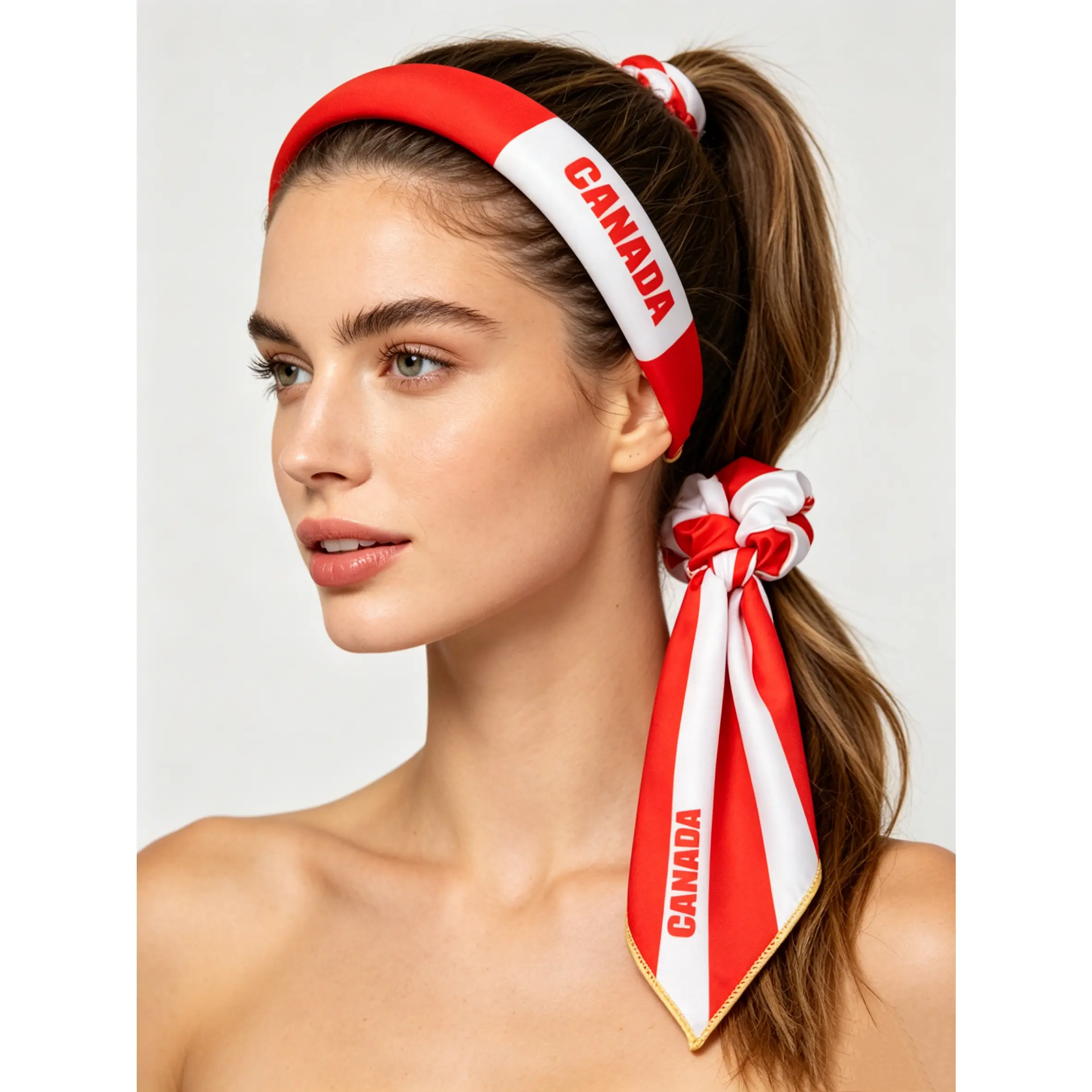 Women's Casual Canada Flag Pattern 4-Piece Graphic Hair Accessories Set - Cushioned Thick Band Headband, Scarf Scrunchie, Clips for Patriotic Events, Campfire-BBQ Party, Daily Use with Friends, Secure Hold, Non-Pinching, Soft Fabric, Football Fashion, Any