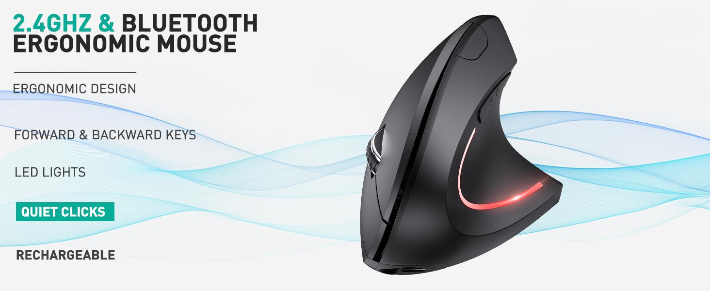 Bluetooth and 2.4G (2-in-1) Rechargeable Wireless Mouse, Ergonomic Vertical Design, 1000/1200/1600 DPI, 6 Silent Buttons, for Laptop, Computer, PC, MacBook, Chromebook-Black
