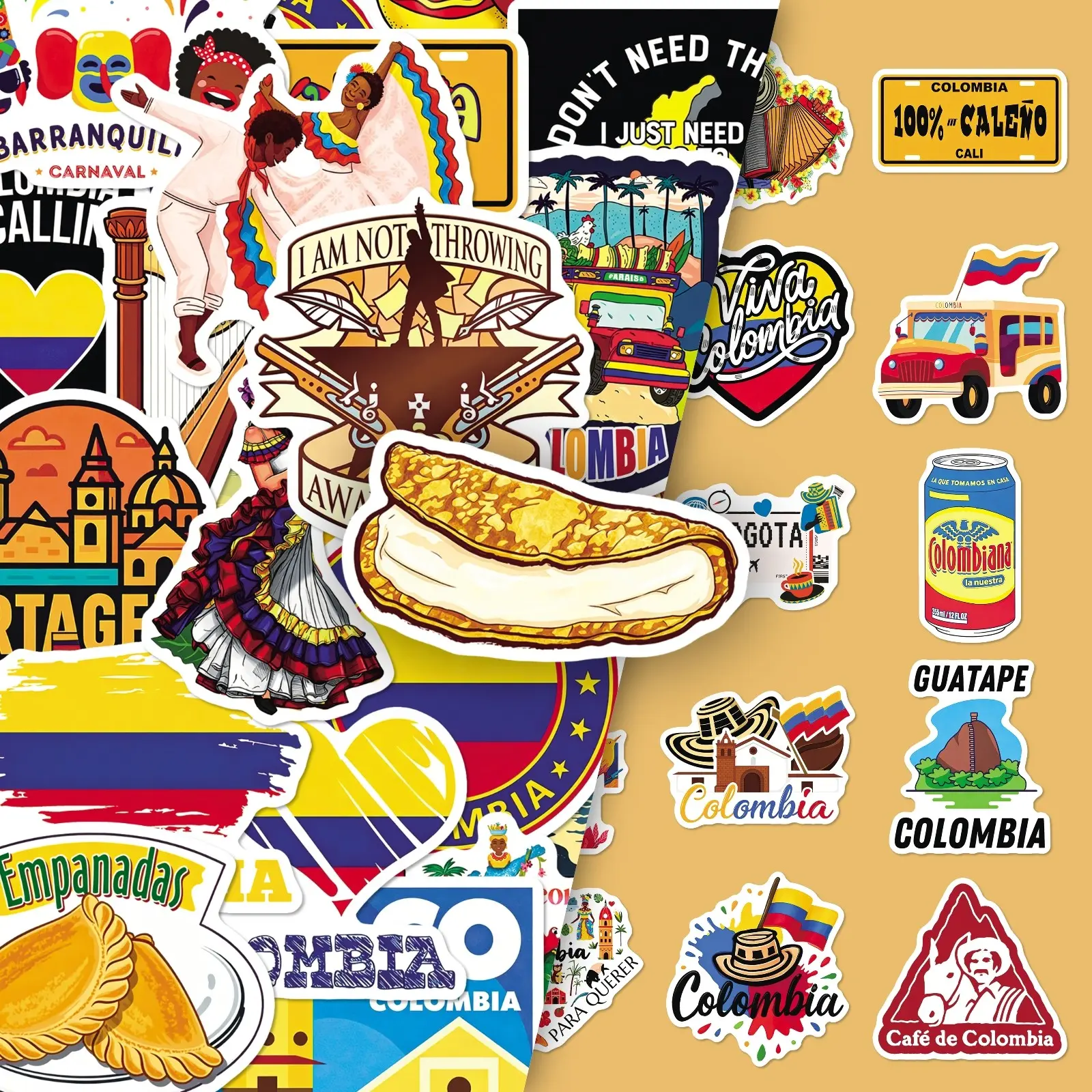 100Pcs Colombia Travel Scenery Aesthetic Sticker Set – 2 Sets Repeat, Fresh Minimalist DIY Decor for Scrapbooking, Journal & Craft
