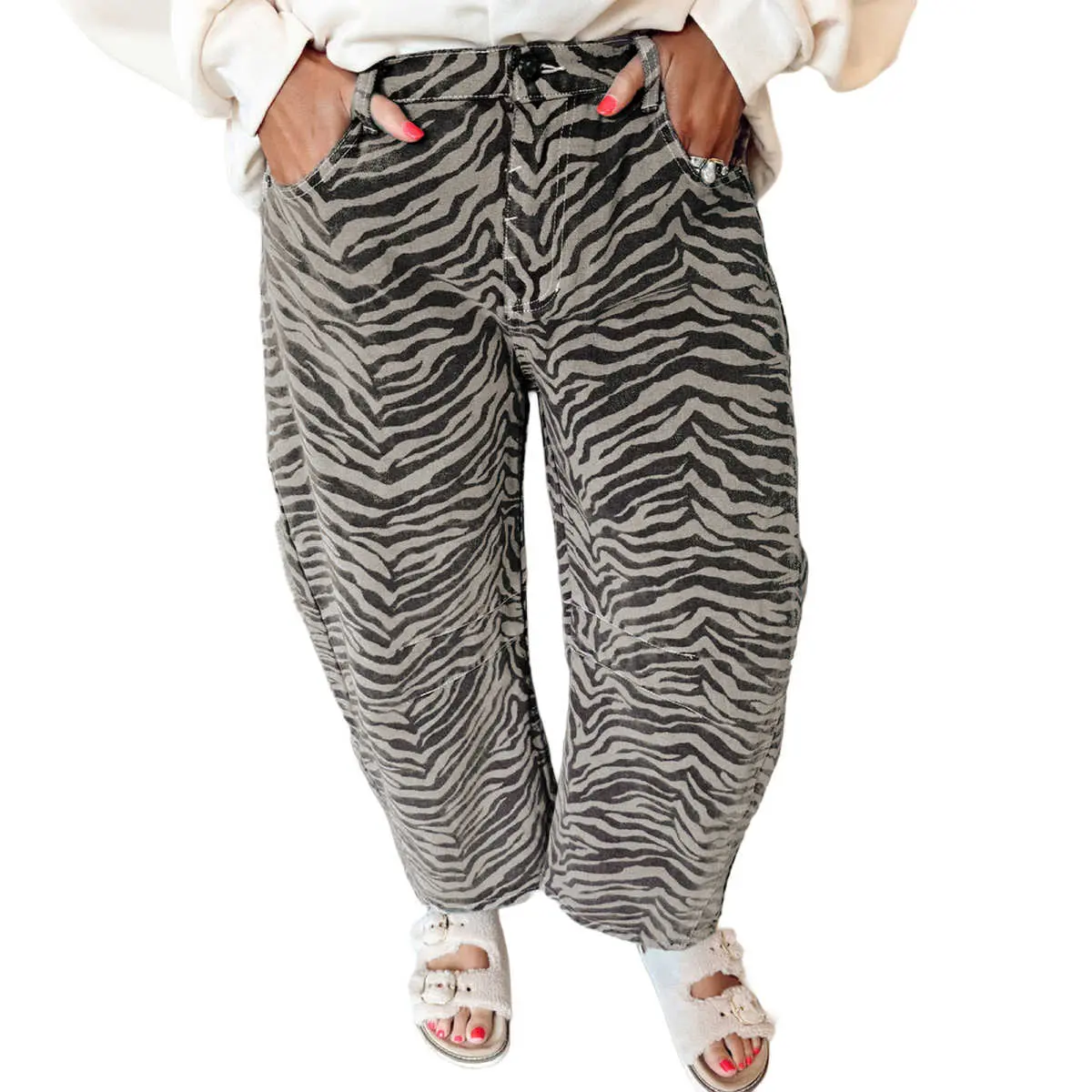 Gray Zebra Stripe Printed Wide Leg Barrel Jeans Button Bottom