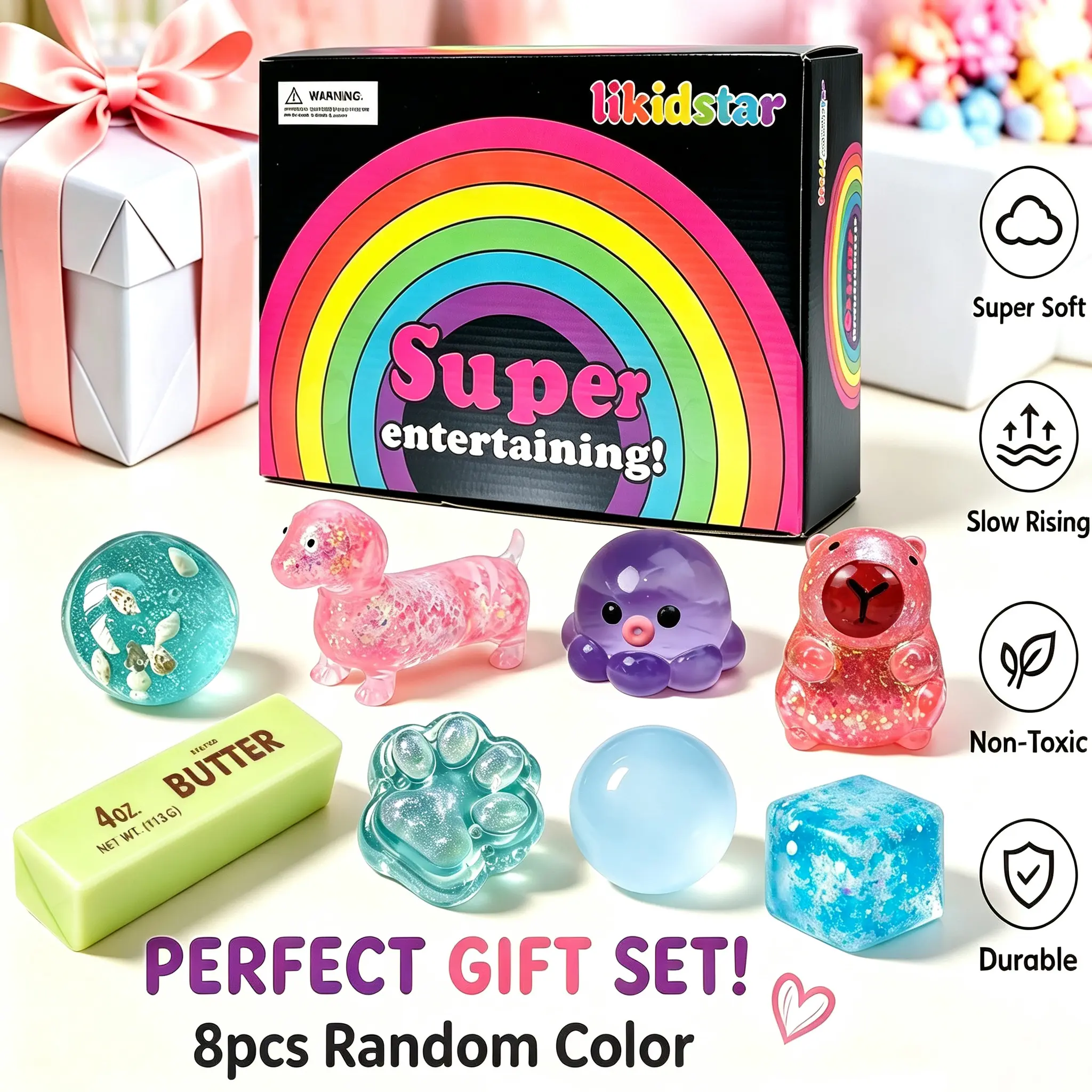 8Pcs Soft Stretchy Squishy Fidget Toy Gift Set, Sensory Anxiety Relief Squeeze Toys, Fun Novelty Party & Birthday Gifts for Kids Teens Adults, Random Colors
