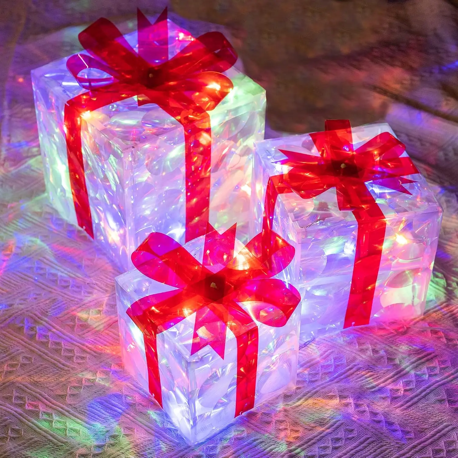 Set of 3 Christmas Lighted  Boxes, Pre-lit 60 LED Light Up Present Boxes Ornament Outdoor Decoration for Indoor Christmas  Yard Lawn Decor (Multicolor)