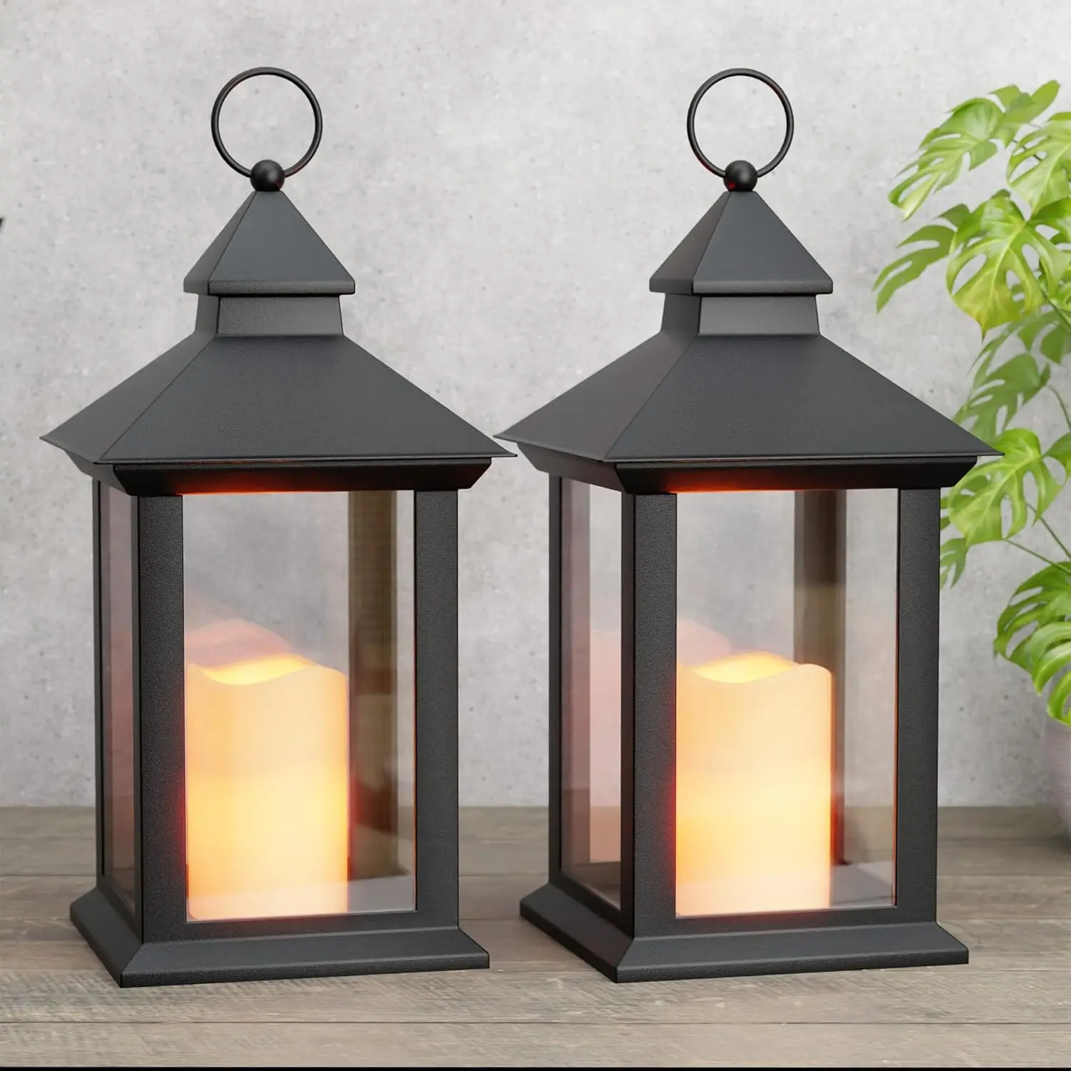 14" Decorative Lanterns Indoor/Outdoor, 2 Pack Black Lantern Decor with Timer Candle, Waterproof Battery Operated Vintage Hanging Lanterns for Patio Porch Entryway Centerpieces