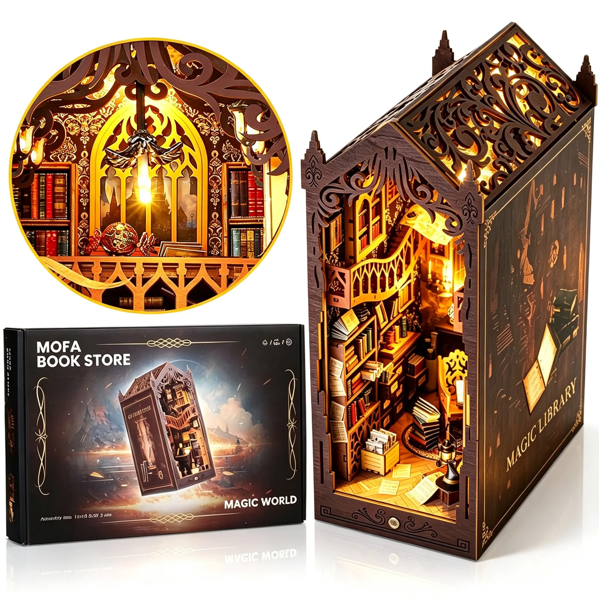 Magic Library Book Nook Kit, DIY 3D Wooden Bookend with LED Lights, Miniature Dollhouse Model Kit for Adults, DIY Mini House Bookshelf Decor, Handmade Craft Gift, Battery Not Included, Ideal Gift for Thanksgiving Christmas Halloween New Year & Back to Sch