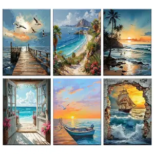 6pcs Seaside Scenery Theme Easy 5D DIY Full Round Diamond Kit for Adult Beginners - 30x40CM Canvas, Handmade Art Wall Decor, Ideal Gift for All Holidays, Frameless