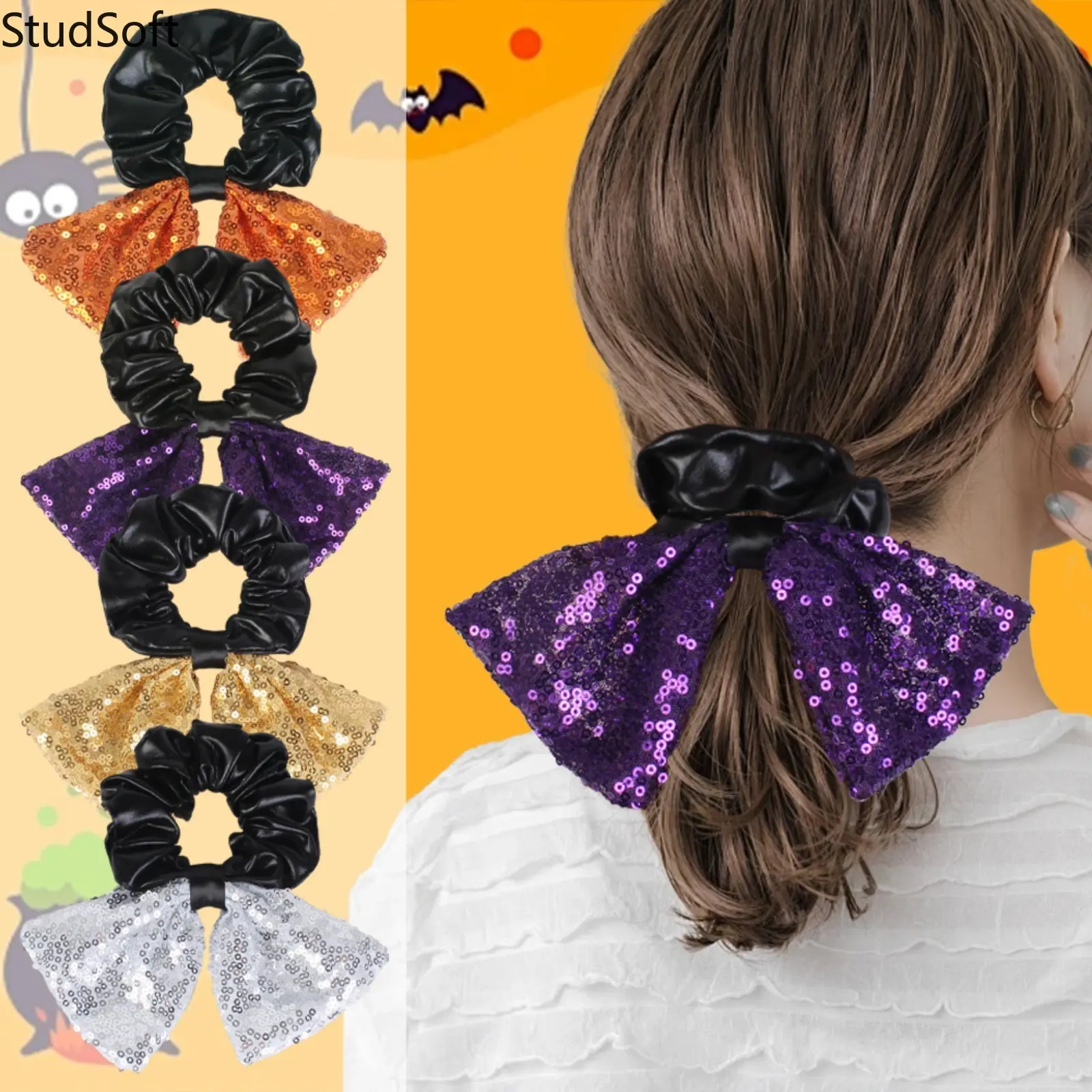 Hair Scrunchies, 4-Pack Large Sequin Bow Shape Elastic Bands with Sparkle Glitter, Orange & Purple Halloween Party Wear for Women,back to school,back to school haul