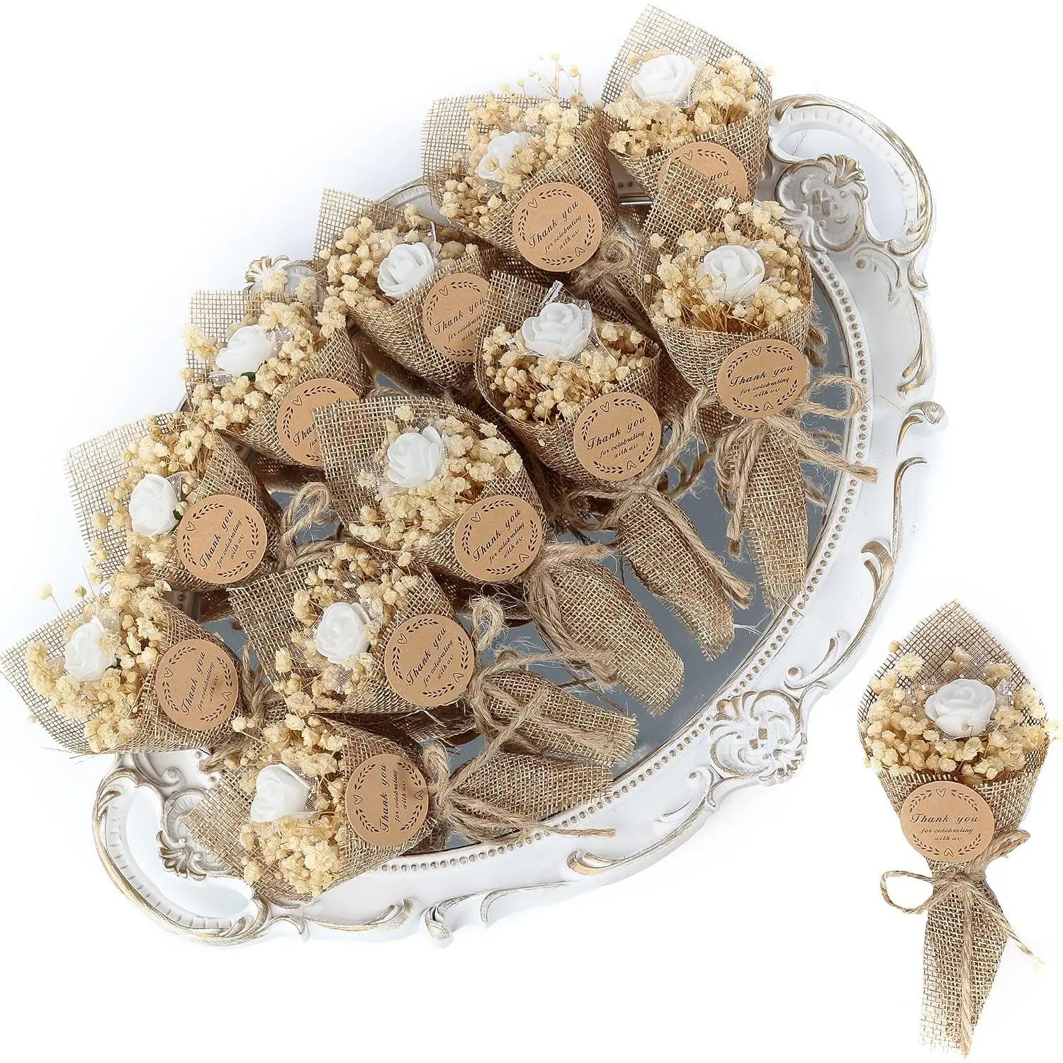 20- Set Mini  Dried  Bouquet for Wedding Favours for Guests,  Shower Party Favors, Bridal Shower Gifts, Wedding Return Gifts. (White)