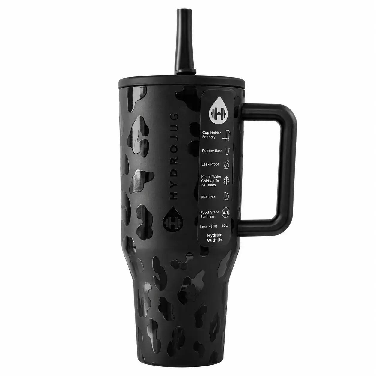 40oz Insulated Stainless Steel Tumbler Flask - 18/8 Food Grade Reusable Wide Mouth, Leak-Proof Lid, Handle & Straw, Black Leopard Print, Non-Slip Base, BPA-Free, Cup Holder Friendly, 24hr Cold Insulation, for Adults Pursuing Daily Hydration (Anniversary),