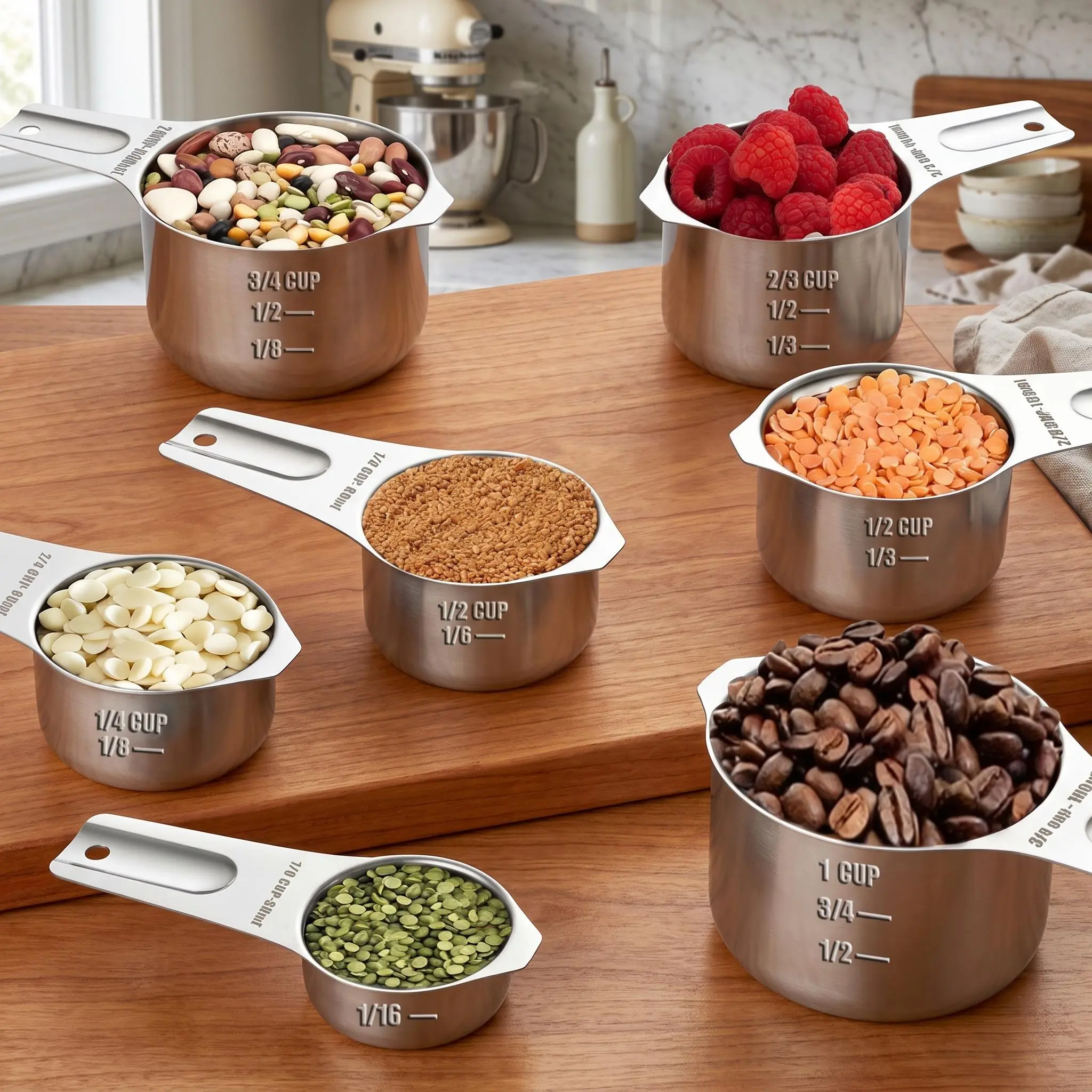 Superior 7-Piece 304 Stainless Steel Measuring Cup Set – Flat Design – Clear US & Metric Markings – Rust-Proof & Dishwasher Safe – Basic for Cooking and Baking