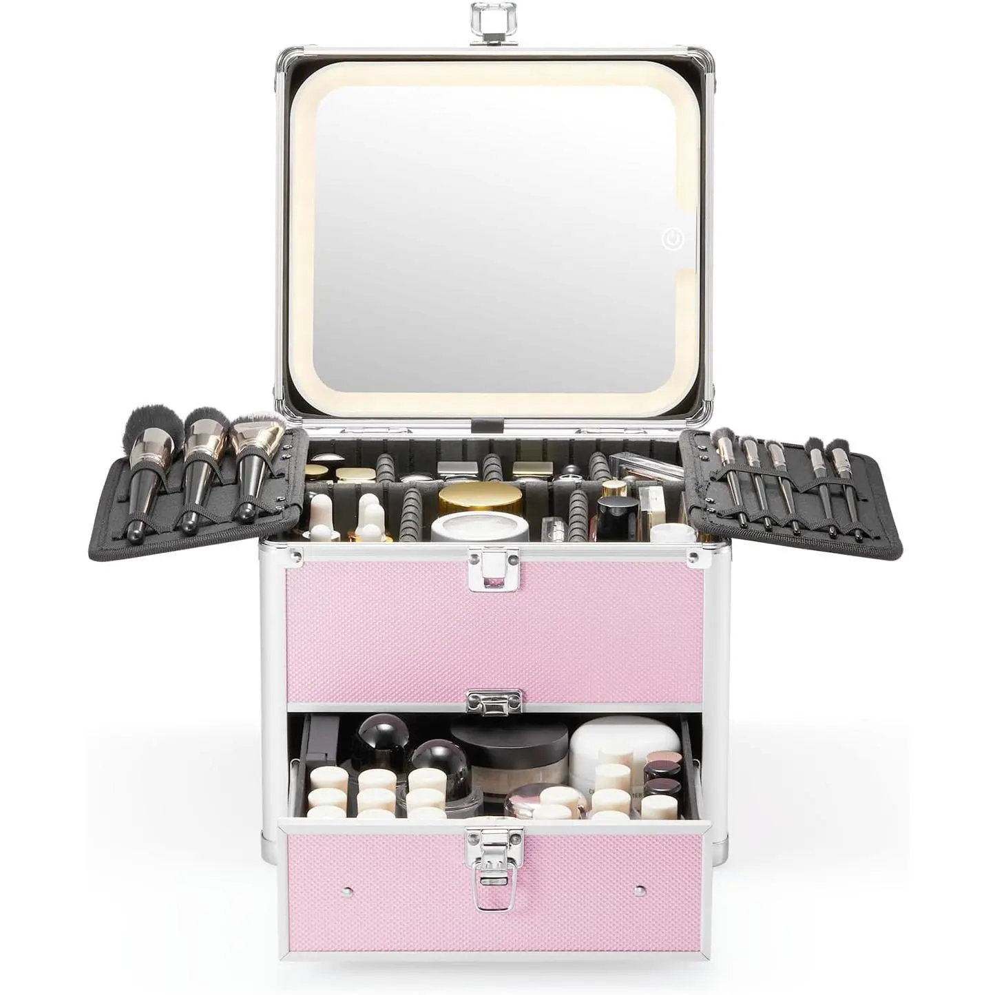 Makeup Box with Drawer and A Detachable Lighted Mirror,  Travel  Case,  Organizer and Makeup Suitcase with Adjustable Dividers,  LED Mirror (ICY )