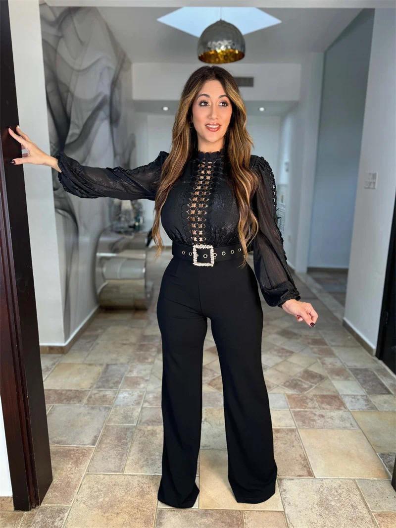 Woman Jumpsuit Birthday Long Sleeve Hollow Out High Waist One Pieces Overalls Club Party Outfits with Belt