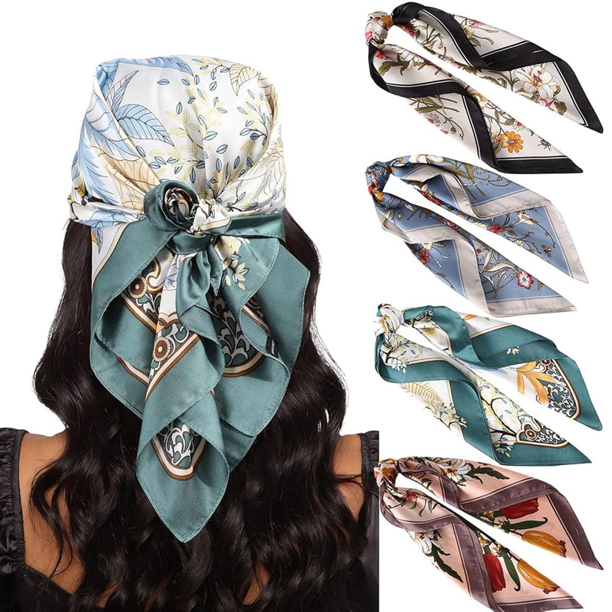AWAYTR 4PCS/Set 27.5" Fashion Square Silk-Like Head Scarf Neck Scarves for Women Elegant Hair Kerchief Bandanas Headbands Head Wraps Turban Hijab