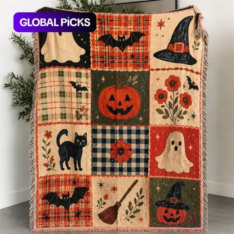 Halloween Patchwork Style Woven Blanket with Tassel Bed Blanket, Decorative Blanket, Multi-Function for Sofa Cover, Couch Throw, Armchair, Home Decor, Outdoor Picnic, Camping #GLOBAL PICKS