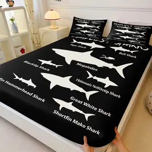 Shark Species Theme 3Pcs Fitted Sheet Set, White Shark Silhouettes & "DEADLIEST SHARKS" Title Print Mattress Protector, Ultra Soft Microfiber, Great for Bedroom & Ocean Enthusiast Home Decor