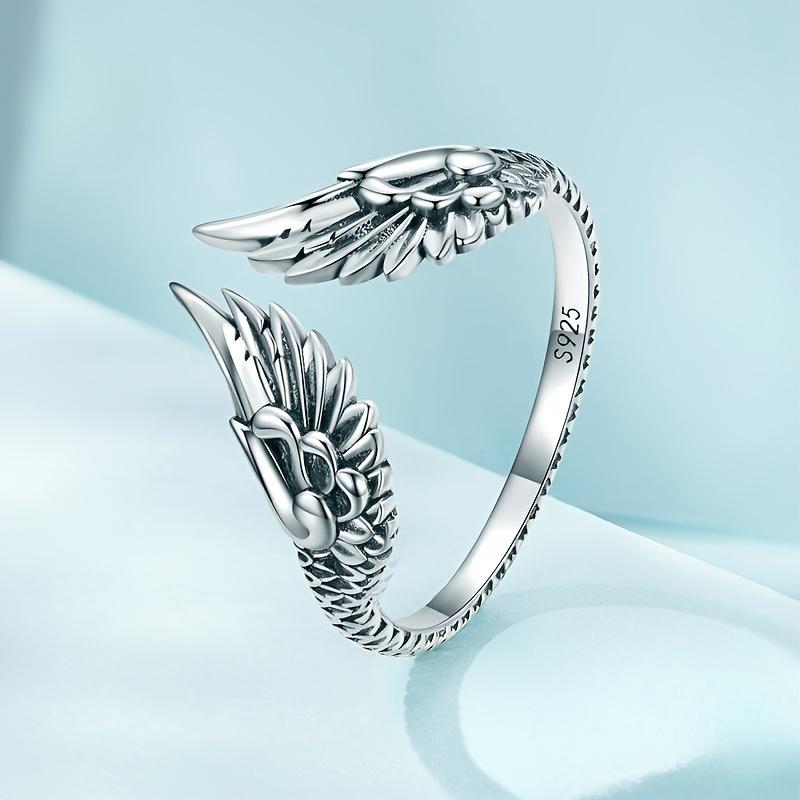 S925 Sterling Silver - Wings Open Ring - Simple Retro Guardian Feather - Finger Ring Hand Jewelry - 1pc