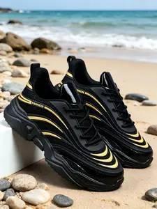 Men's Wave Gold Trim Mesh Thick Sole Dad Shoes, Enhanced Anklet Support, Durable Glossy Toe, All-Season Versatile, Campus & Commute