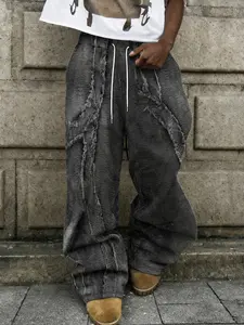 Men's Streetwear Gothic Style Long Pants, American High Street Distressed Edge Jeans, Washed Wide Leg Straight Fit, Retro Design