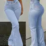 Casual Butterfly Knot Embroidery Women's Light Wash Denim Elastic Bell Bottom Flare Pants, Comfortable and Stylish Long Jeans for Everyday Wear