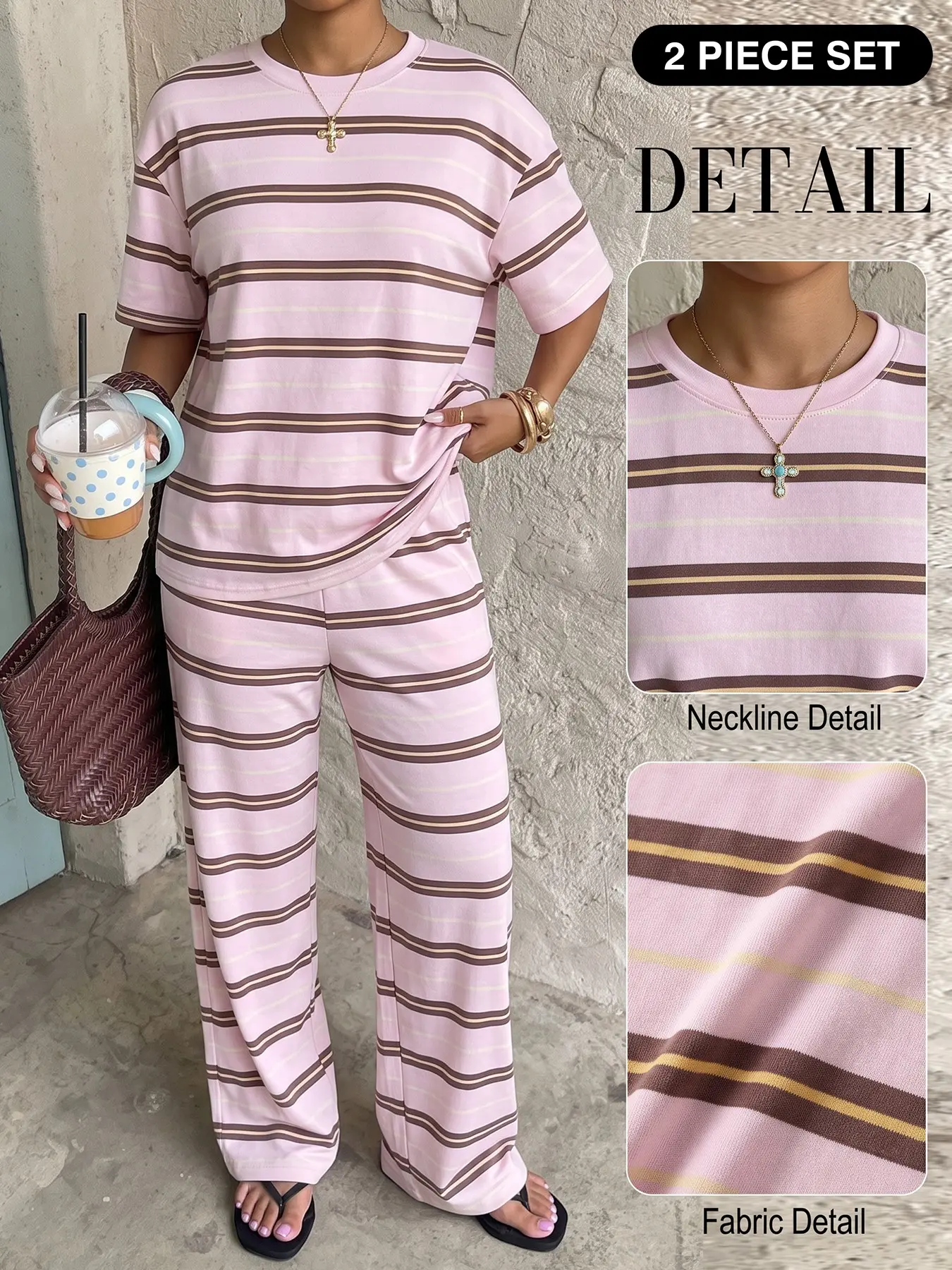 Pink Brown Yellow Contrast Stripe Short Sleeve Wide Leg Pants 2 Piece Set Women Soft Knit Loose Crew Neck Relaxed Loungewear Matching Outfit Casual Daily Home Street Co Ord Set Clothes #2pieceset #Loungewear #StripedSet