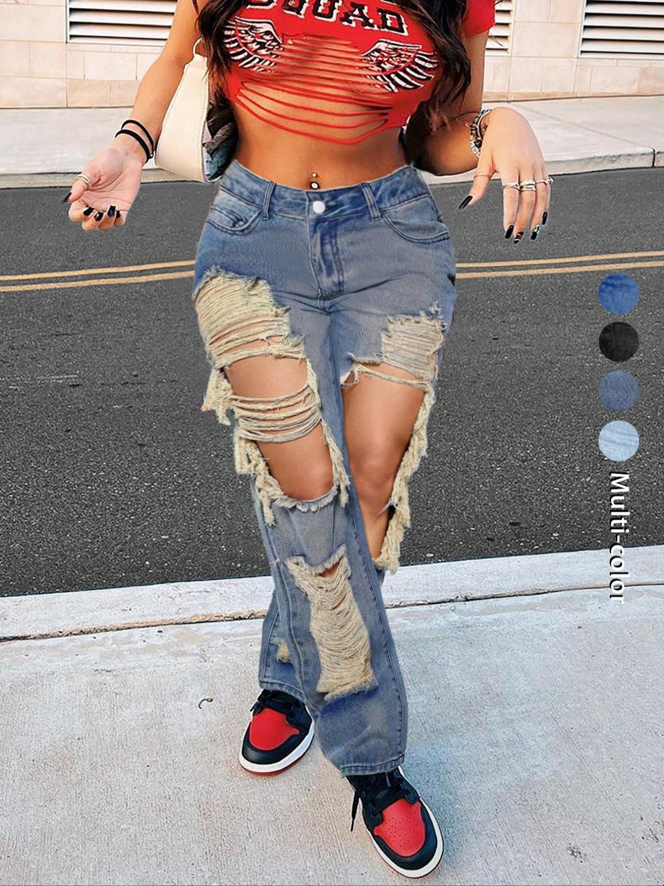 Women's Plain Ripped Light Wash Denim Jeans, Fashion Casual Jeans for Daily Wear, Ladies Bottoms for All Seasons, Baggy Womenswear